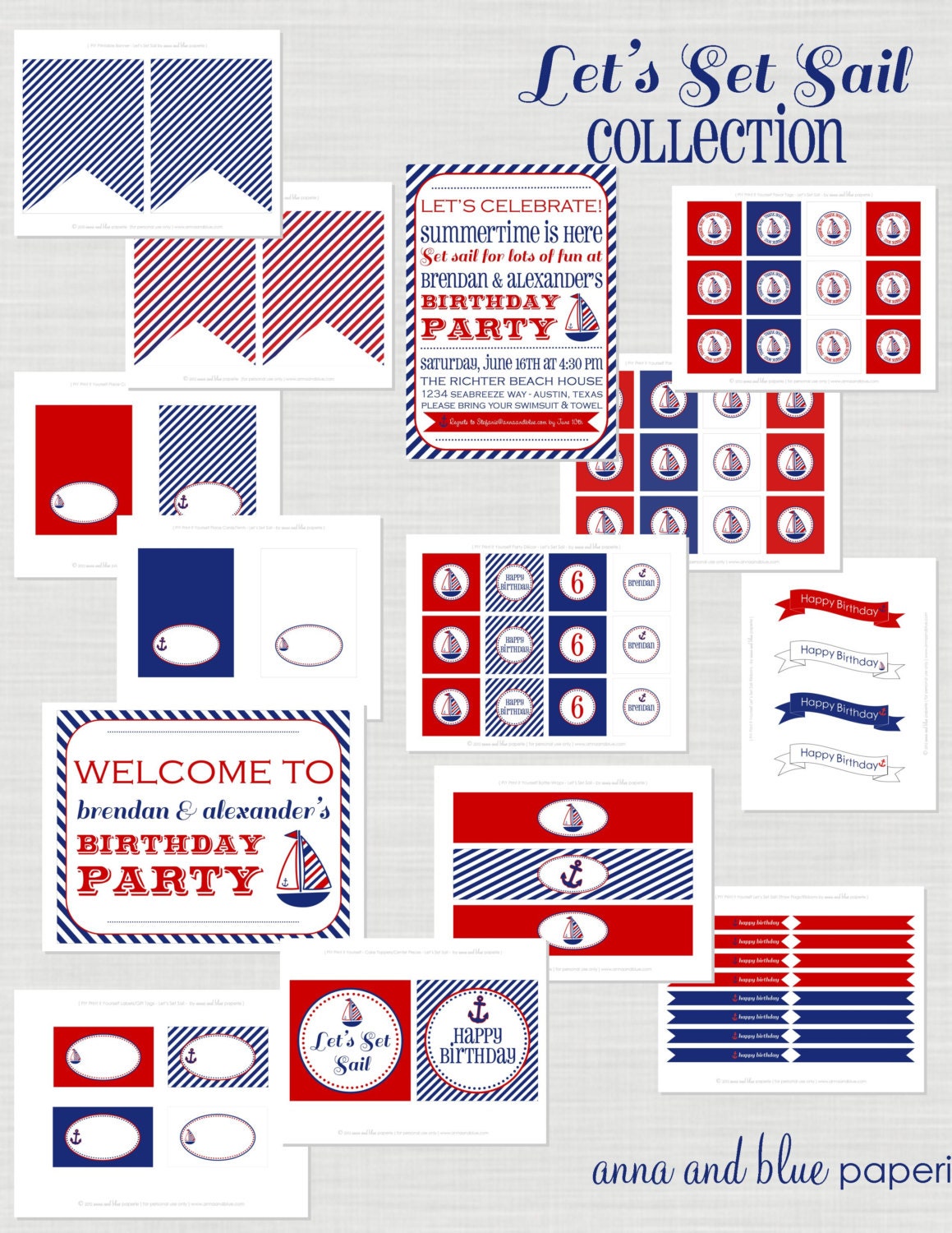 Custom Red, White and Blue Nautical Birthday - Let's Set Sail Birthday PRINTABLE DIY Party Collection - by anna and blue paperie Il_170x135