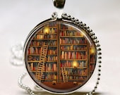 Library Book Necklace Glass Dome Art Pendant with Ball Chain Included Librarians, Writers, Bibliophiles, Book Worms, Teachers, Reading