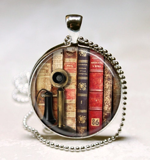 Book Necklace Old Book Spines and Vintage Telephone, Library, Librarians, Bibliophiles, Reading Art Pendant with Ball Chain Included