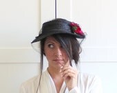 Ladies Derby Hat / Vintage Birdcage Veil Hat / Black Net Hat / Woven Hat / Retro Black Birdcage Veil