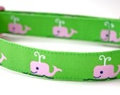Dog Collar - Whale Watching -  Pink and Green Whales, cute preppy pink wales on green fabric.