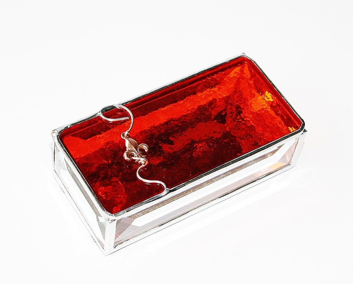 Stained Glass Box Tangerine Sunset Orange 2x4 w/ Copper Fleur de Lis Hand-crafted