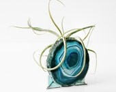 Stained Glass Air Plant Holder Terrarium Slate Blue Teal Green Agate Home Decor Unisex Handmade OOAK