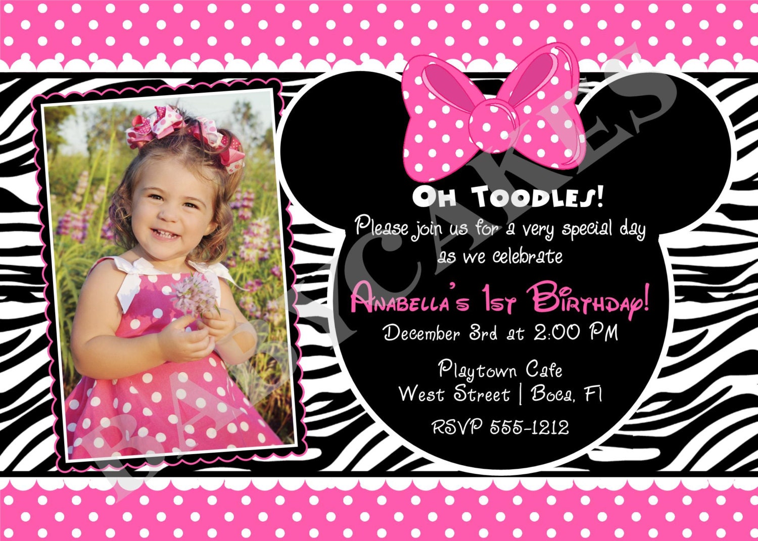 Minnie Mouse Birthday Invitation Zebra Print - DIY Print Your Own - Matching Party Printables Available