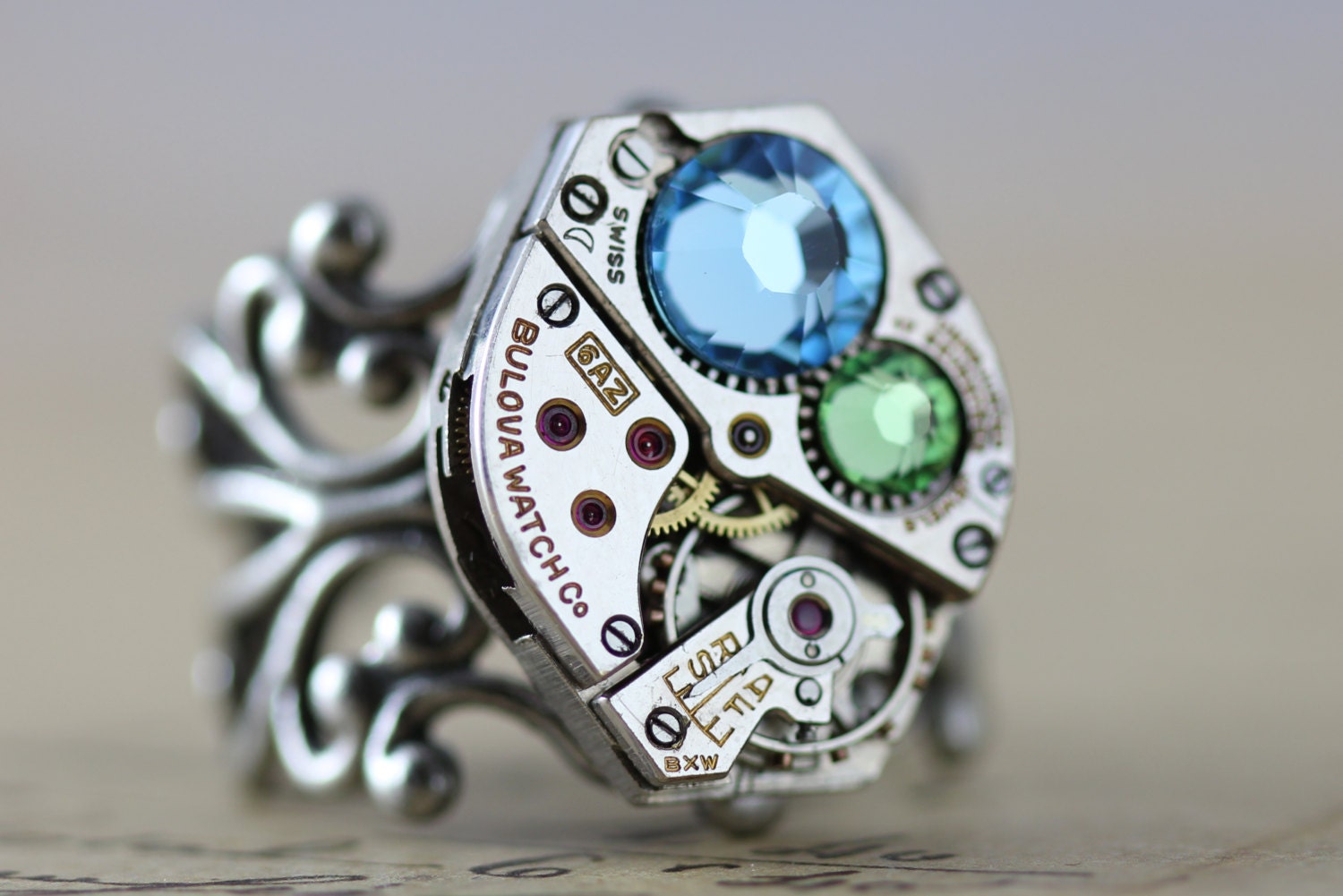 Steampunk Ring - READY TO SHIP Steam Punk Jewelry Aquamarine Blue Peridot Green March August Swarovski  - Handmade by Inspired by Elizabeth