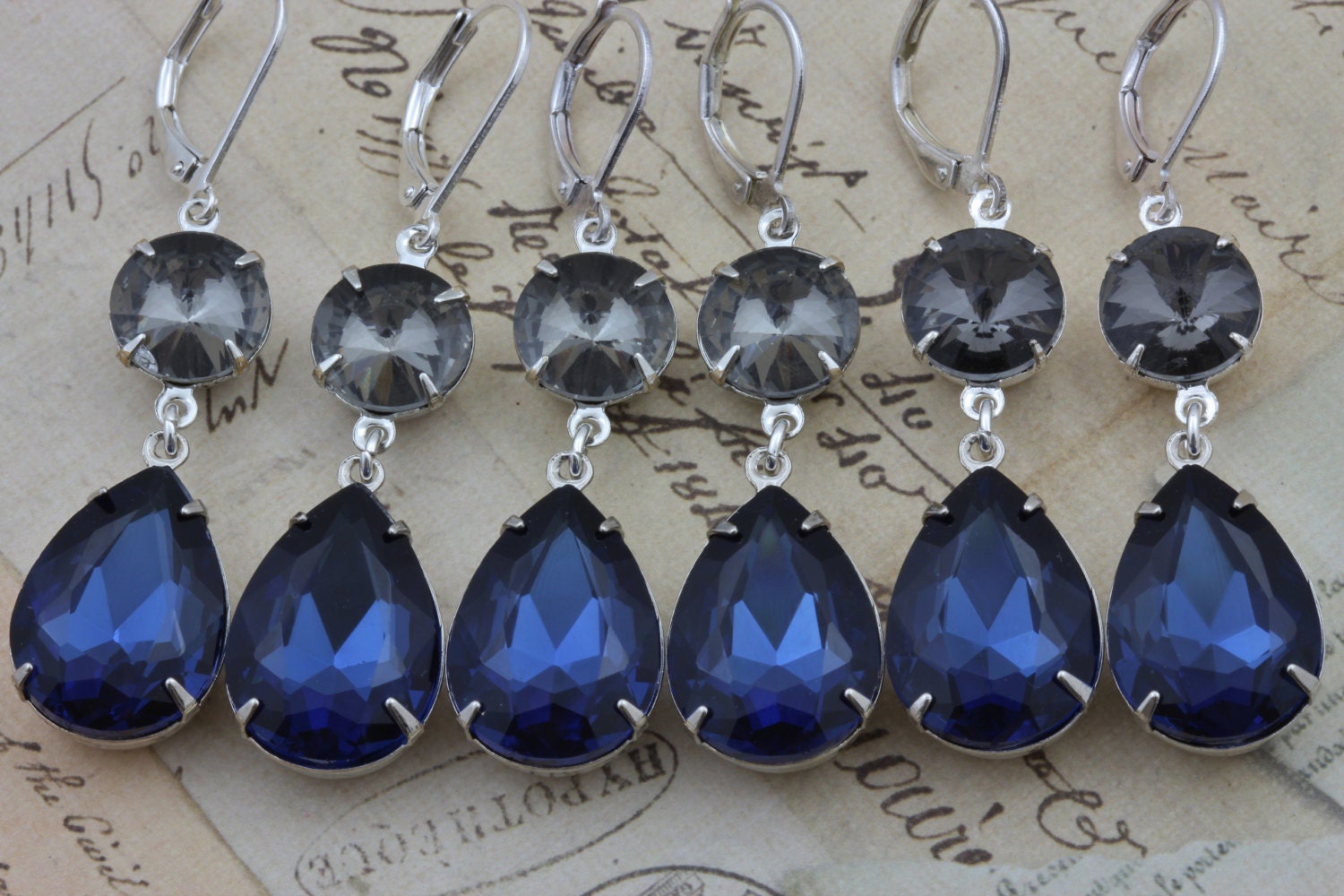 Navy Blue Wedding Bridesmaids Jewelry Set of 6 Navy Montana Sapphire Blue Earrings Black Diamond Something Blue Silver