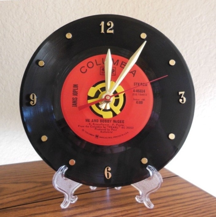 JANIS JOPLIN 45rpm Record Clock 7" For Desk or Wall (Me And Bobby McGee) - Stand Included