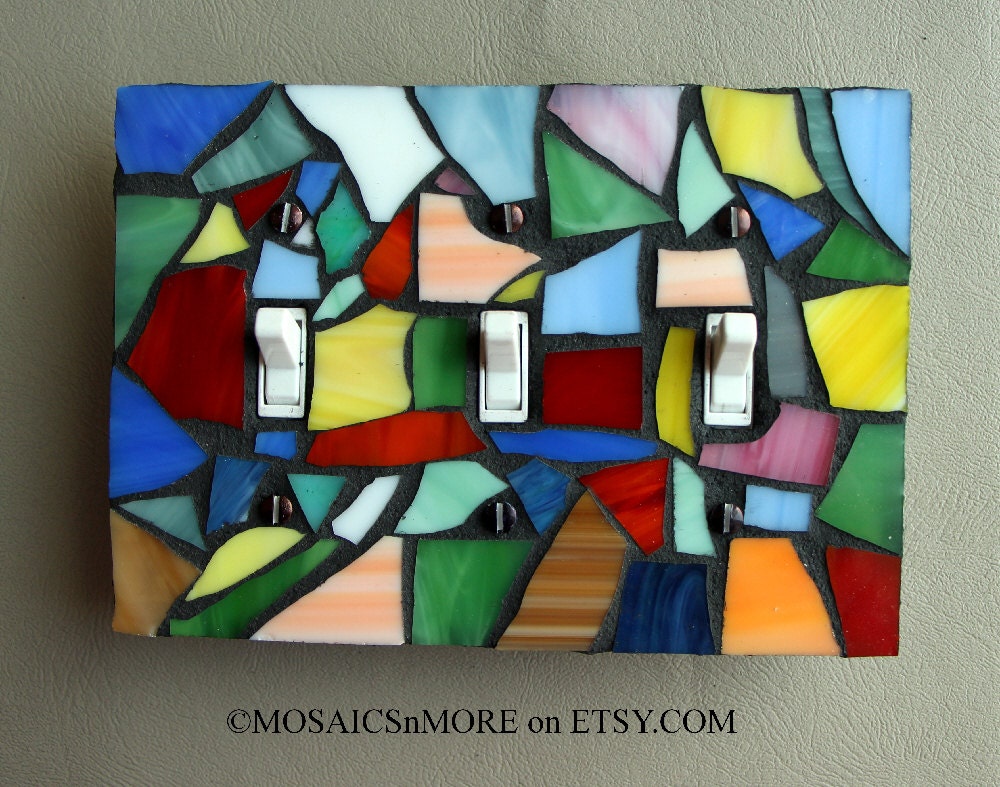 Multi-Color Stained Glass -  Handmade TRIPLE Mosaic Light Switch Cover Wall Plate