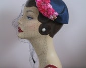 1950's Cap Hat-Pink Flowers, Birdcage Veil