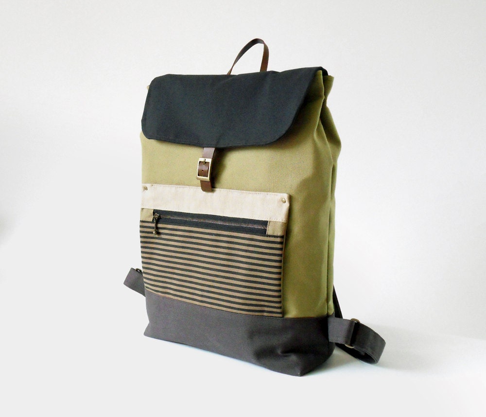 Unisex, OliveGreen Canvas Backpack / Laptop bag / leather closure / Front zipper pocket, Design by BagyBags