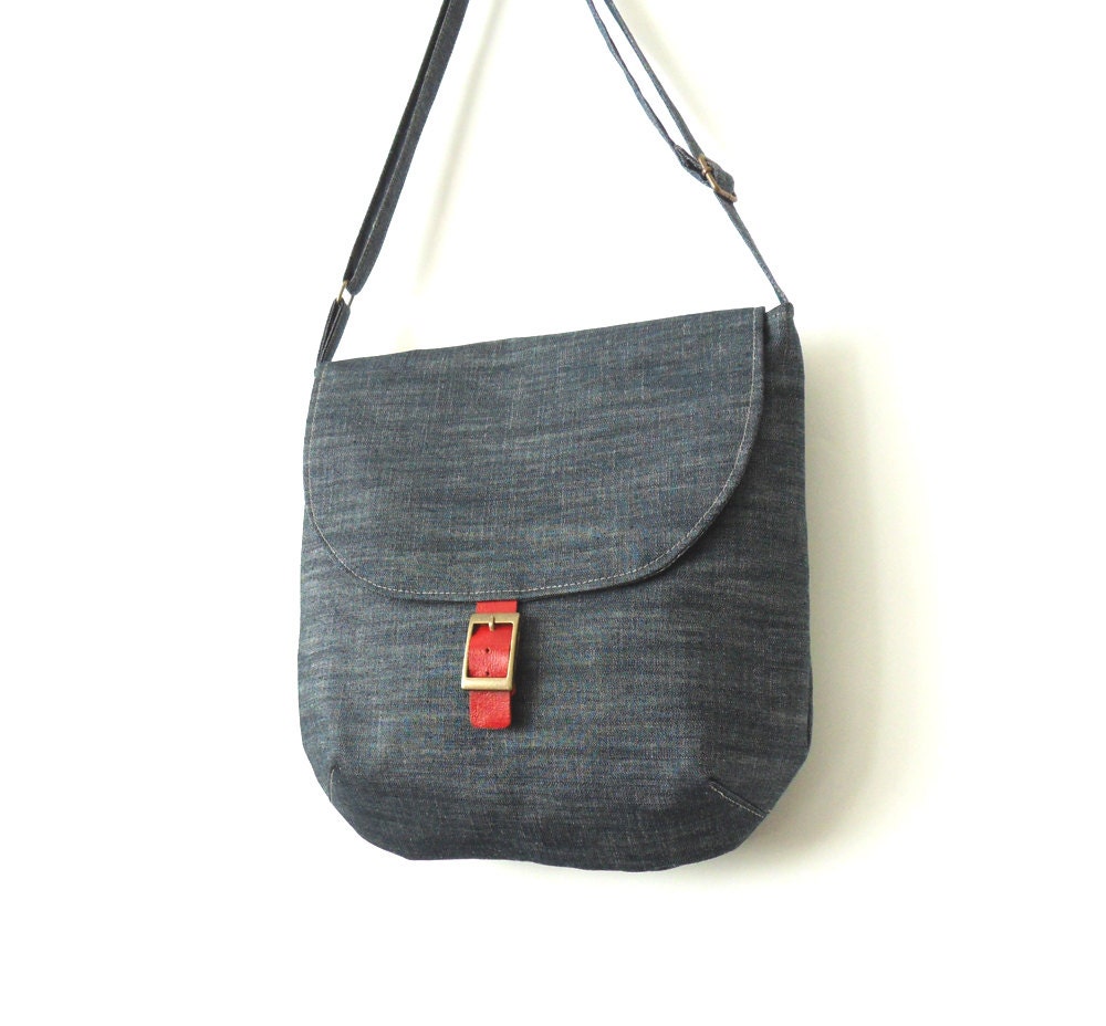 Vintage style denim, Cross bag / Handbag / Shoulder bag with magnetic snap  under buckle on leather , Design by BagyBags