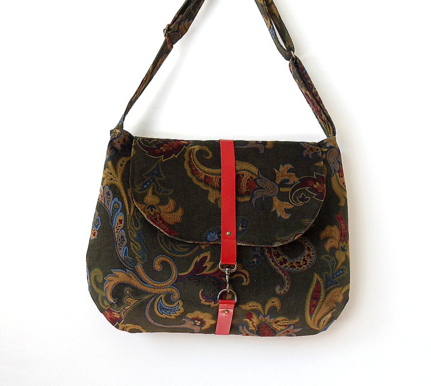 Forest green paisley corduroy round Satchel / Messenger bag / Hobo bag / with red leather closure, Design by BagyBags