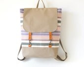 Pastel stripe canvas  Backpack , laptop bag, school bag, diaper bag with leather closure and 2 front pockets, Design by BagyBags