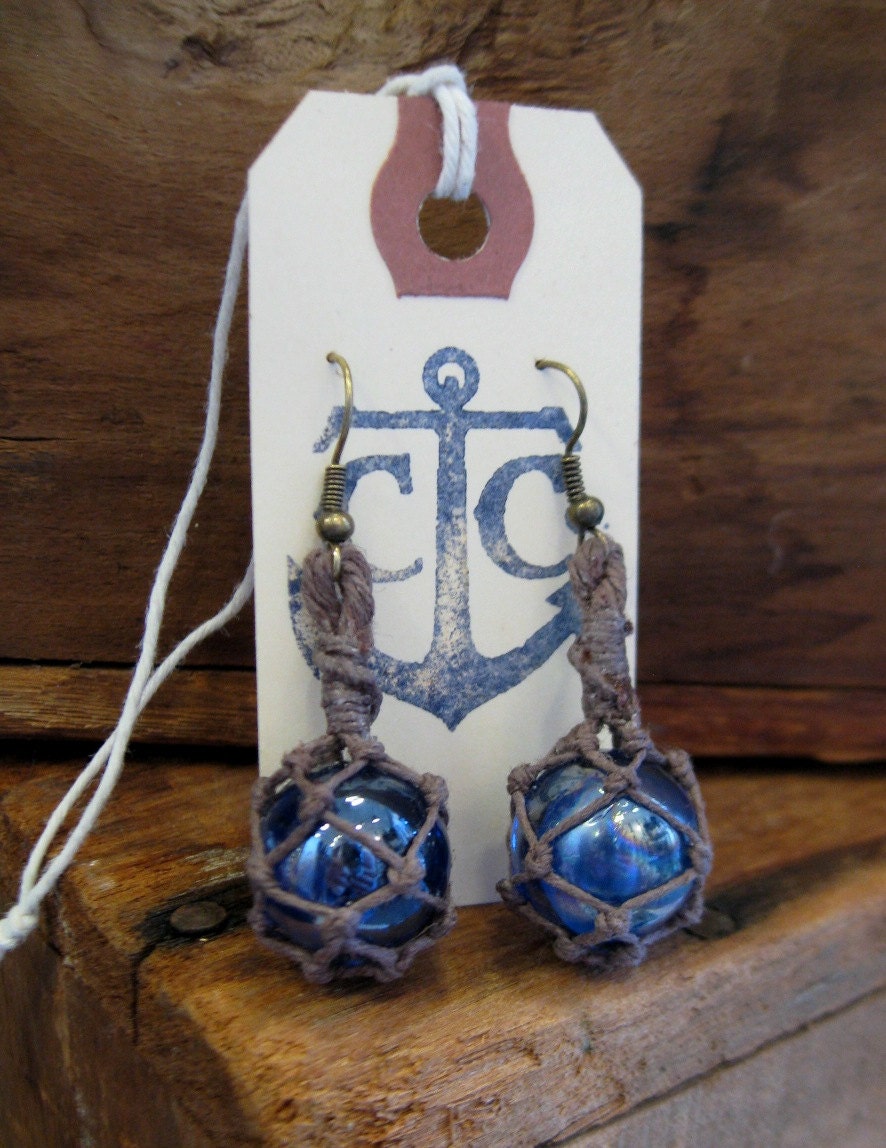 Miniature Fishing Float Earrings - Royal Blue with dark aged hemp