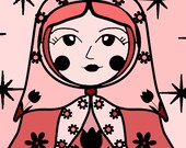 Matryoshka russian doll red shades whimsical illustration mini canvas print wall decor - Natasha