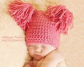 Crochet Baby Hat, Bubblegum Pink Double Pom Pom Crochet Baby Beanie Hat