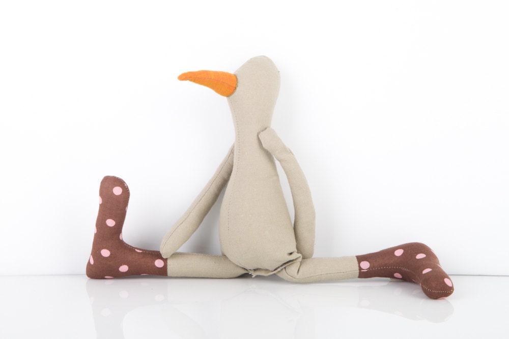 Baby bird  - Light beige small  duck or penguin with Golden Orange beak  Wearing  Brown with pink dots socks  - timohandmade fabric doll