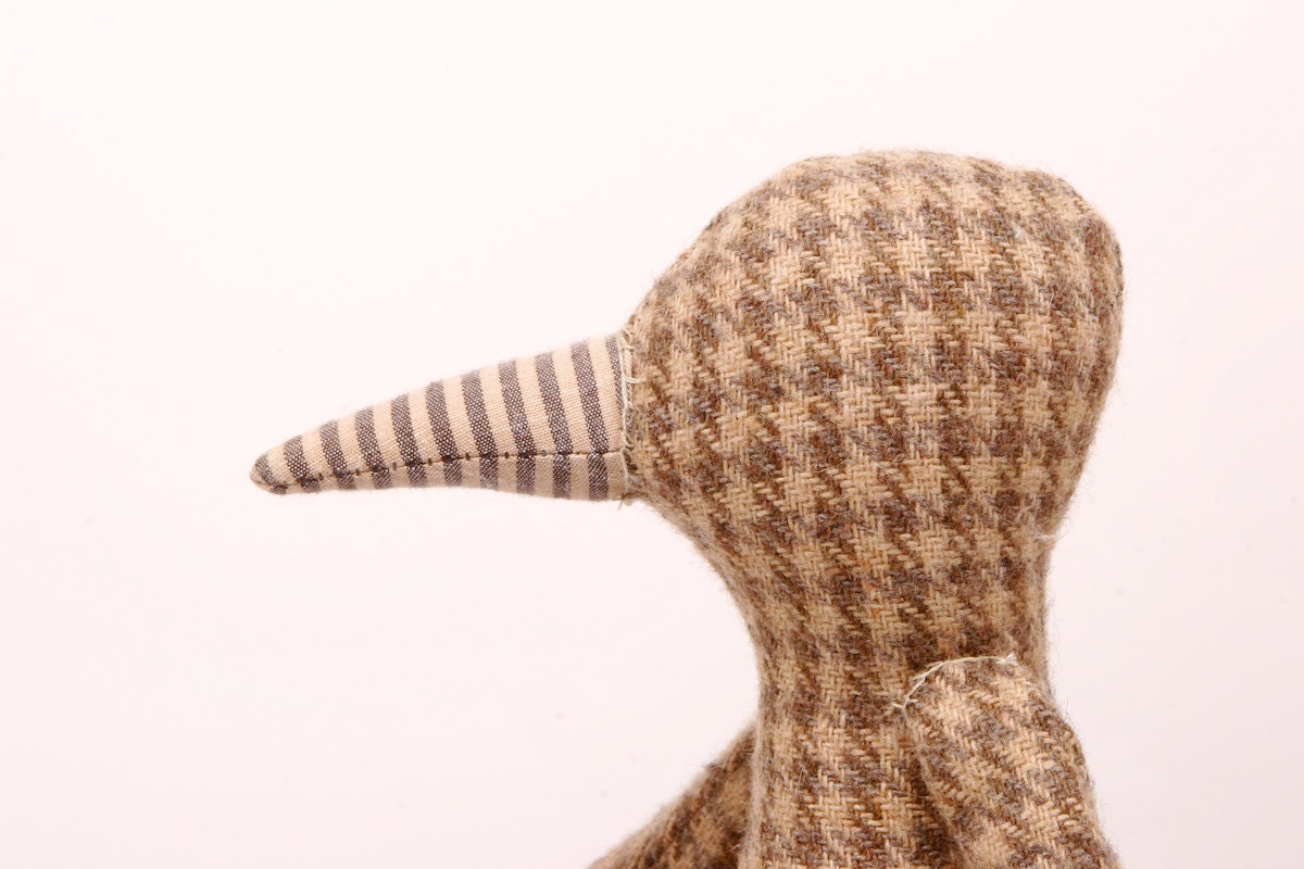 woodland fabric bird softie plush stuffed Chick doll - made from plaid Beige Brown wool Wearing  Corduroy - handmade fabric doll