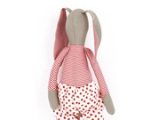 softie Toy , Fabric doll - Khaki beige  Rabbit in red and white striped shirt Wearing White Pants with  Red Polka Dots - handmade doll