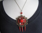 Vintage Button Necklace, Upcycled Vintage Button, Brass, Flower, Dangles, Under 35 - Red Delight
