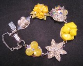 Bridesmaid Gift, Upcycled Earring Bracelet, Statement, Vintage, Lemon, Yellow, Silver, Rhinestone, OOAK, Under 40 - Lemon Ice