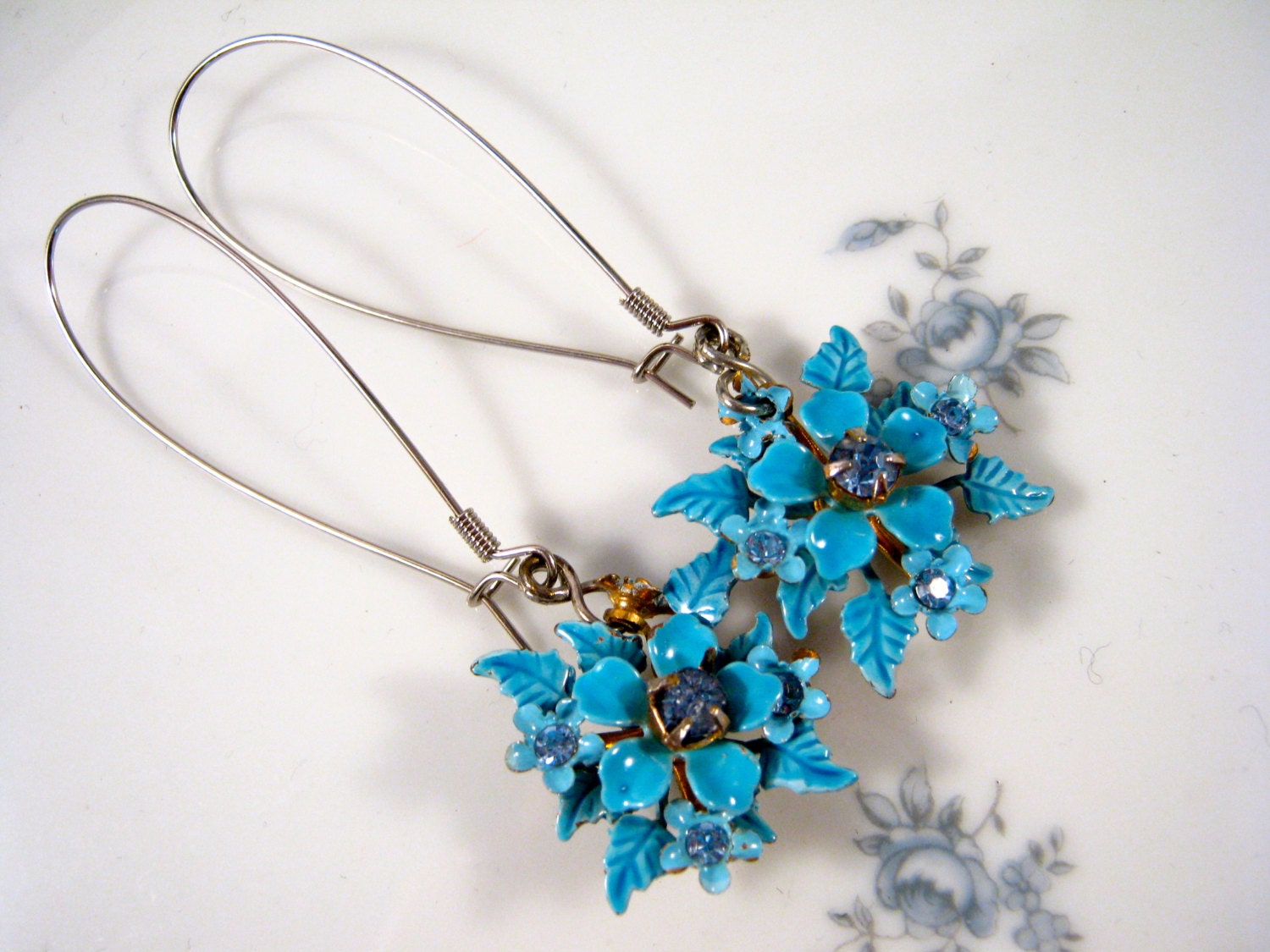 Reclaimed Vintage Earrings, Vintage Enamel Flowers, Flower Power, Blue, Aqua, Turquoise, Silver, OOAK, Bridesmaid Gift - Bonnie Blues