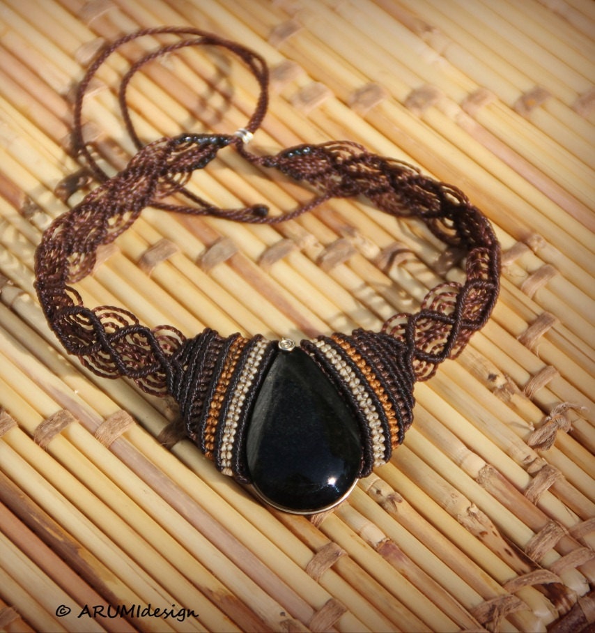 Fiber CHOKER with golden sheen OBSIDIAN, chocolate BROWN makrame necklace with stone