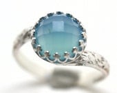 Blue Chalcedony Ring, Patterned Silver Ring Band, Blue Gemstone, Sterling Silver Handforged Cocktail Ring