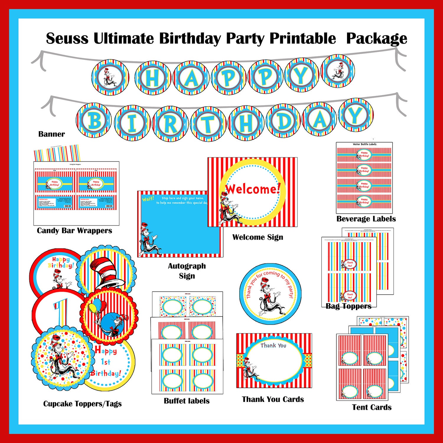 INSTANT DOWNLOAD -50% off - DIY Printable Dr. Seuss Ultimate  Birthday Party Package, Age 1 - Cat In The Hat, Blue, Red, Yellow