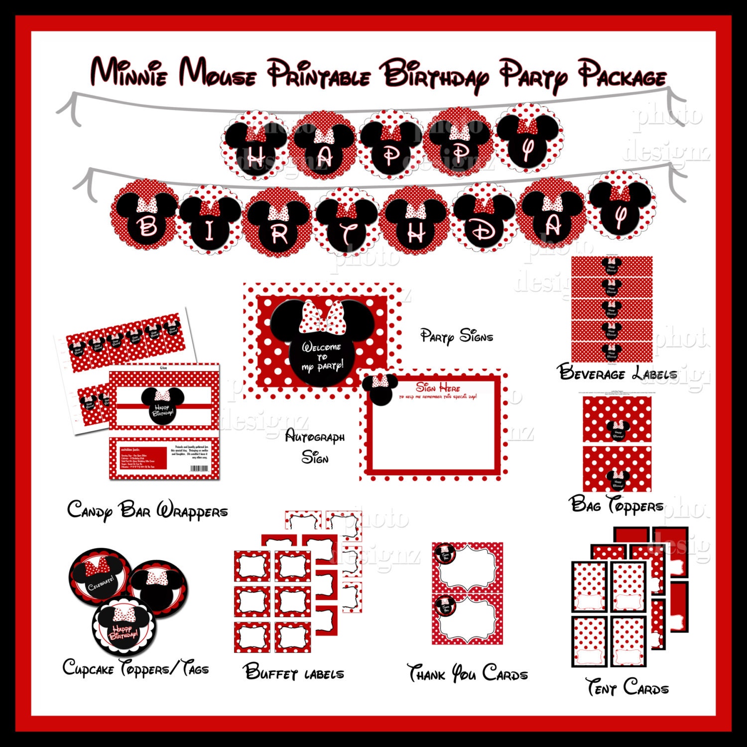 INSTANT DOWNLOAD - 50% off - DIY Printable Minnie Mouse Inspired  Birthday Party Package  - Red polka dots