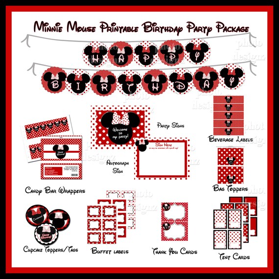 INSTANT DOWNLOAD - 50% off - DIY Printable Minnie Mouse Inspired  Birthday Party Package  - Red polka dots