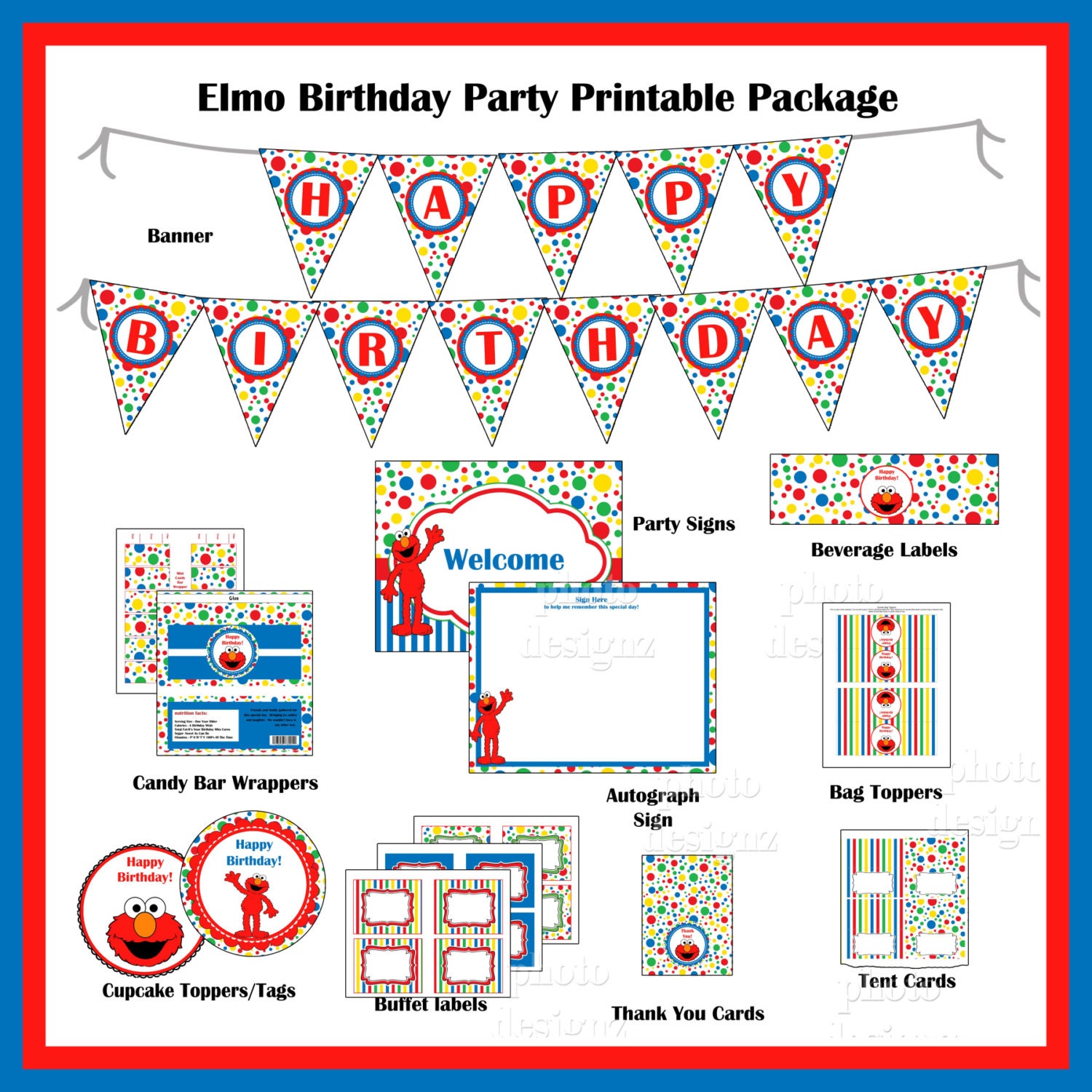 INSTANT DOWNLOAD - 50% off - DIY Printable Elmo  Birthday Party Package