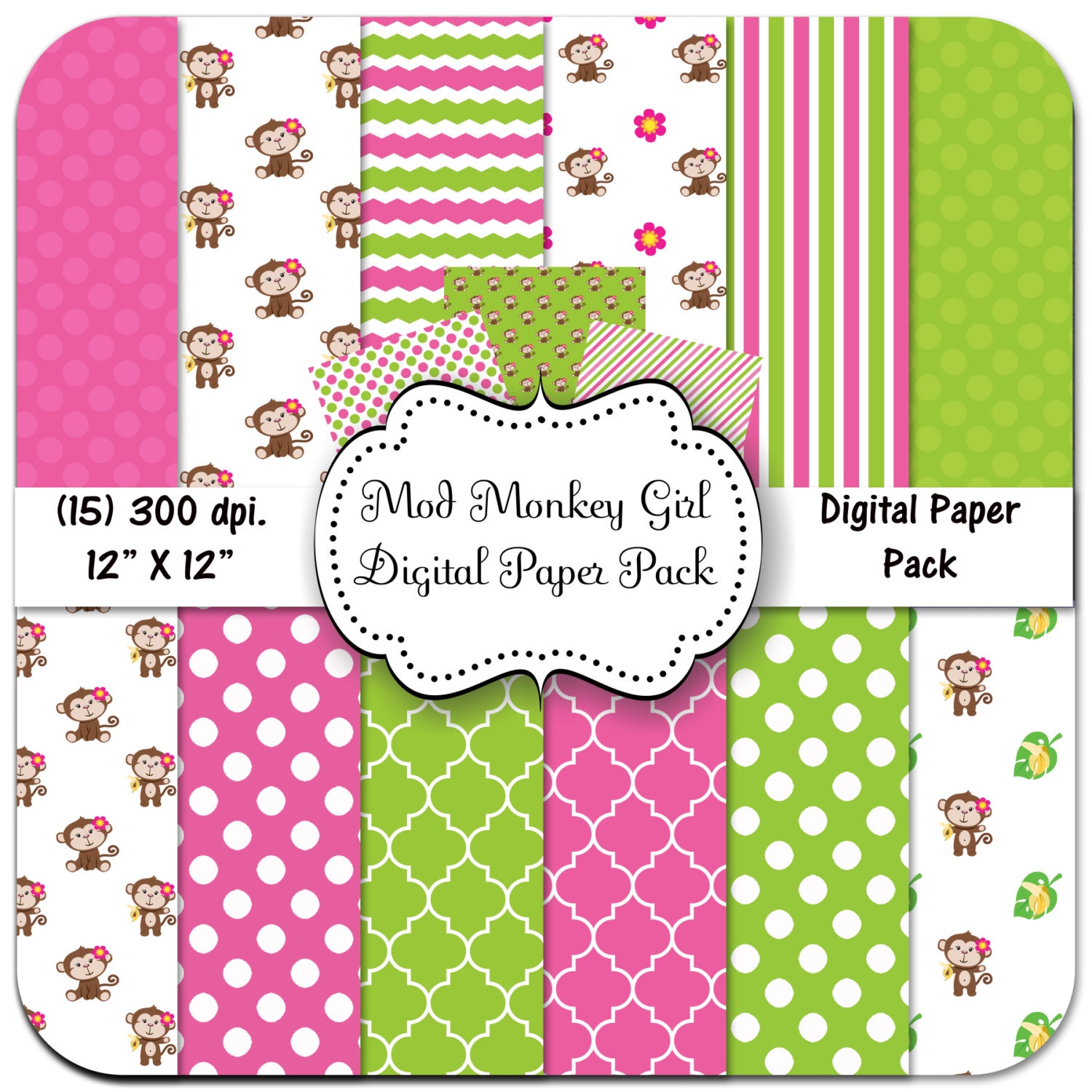 INSTANT DOWNLOAD -Mod Monkey Girl Digital Paper Pack - 15 Digital Papers - 12 X 12 - 300 dpi, Green & Pink