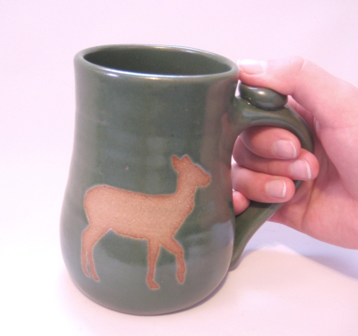 Green Forest Doe, Deer Mug Coffee, Tea Cup - Brown Clay Wild Animal Silhouette Handmade Pottery Art