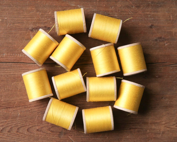 Vintage Sewing Thread Lot - Sunny Daffodil Yellow, 12 Wooden Spools