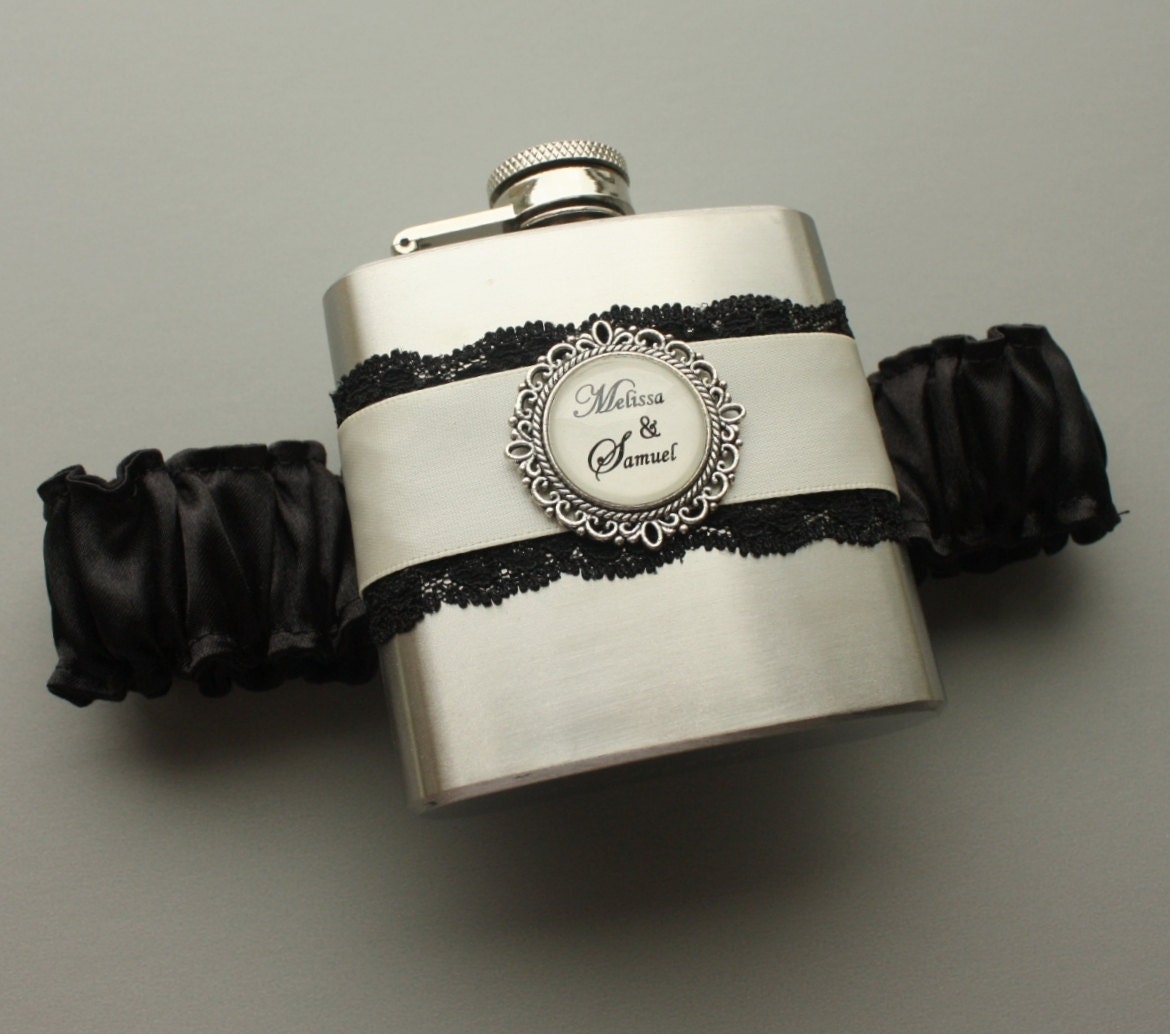 Personalized Satin & Lace FLASK GARTER -- Black and Ivory (Other Colors Available)