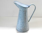 French Vintage Enamelware Tall Pitcher in Duck Egg Blue Spatter Finish