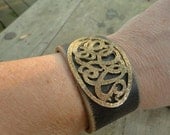 Bronze Tone Scrolly Signet Leather Cuff Bracelet B773