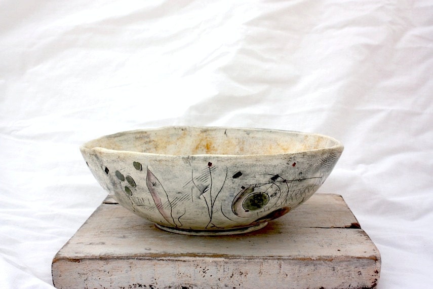 Ceramic Stoneware Bowl with Blue Horse and Abstract Drawings