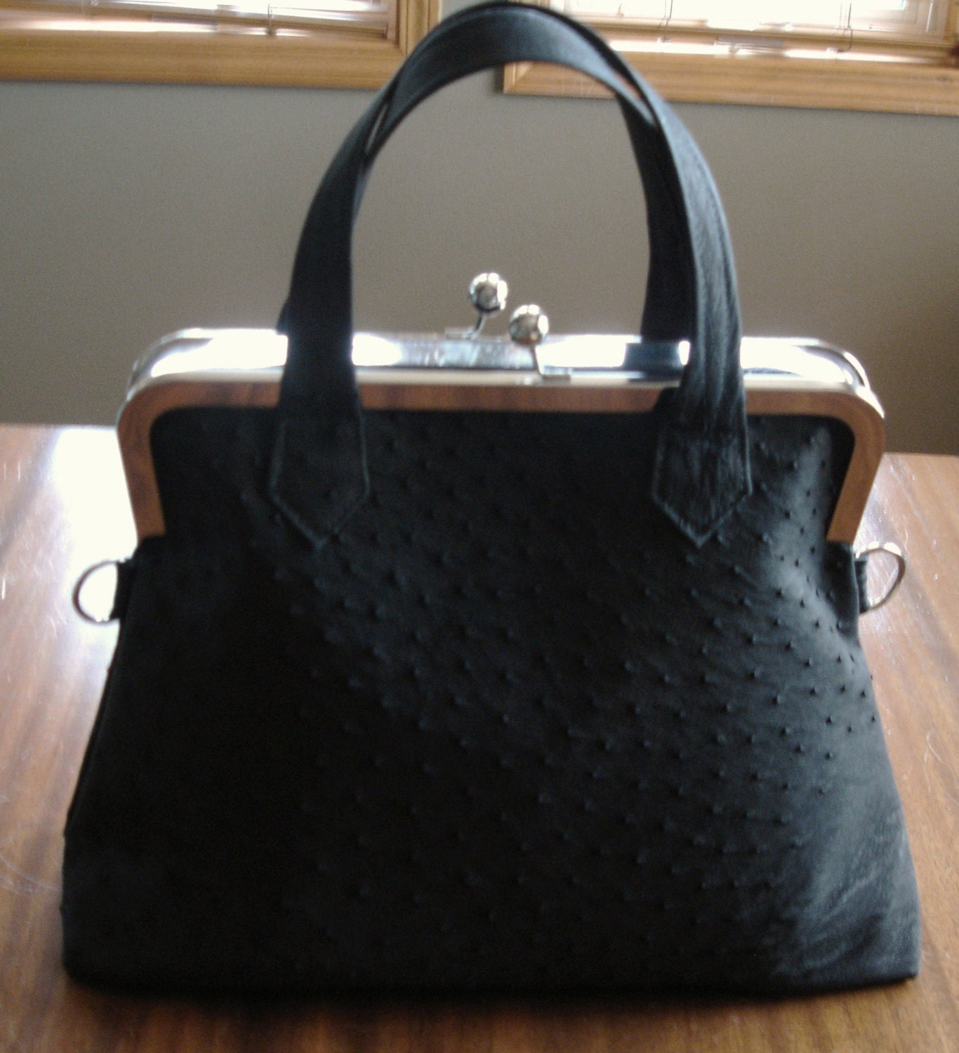 Largest Black Genuine Ostrich hide clutch handbag frame bag
