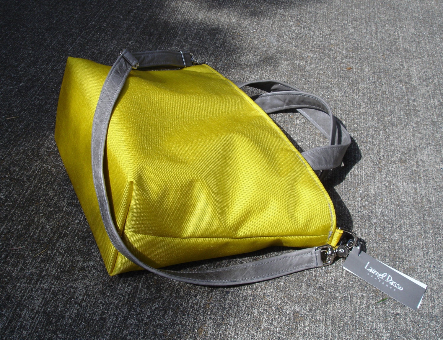 Sunshine Yellow waterproof canvas and leather Triangle Tote Bag Satchel