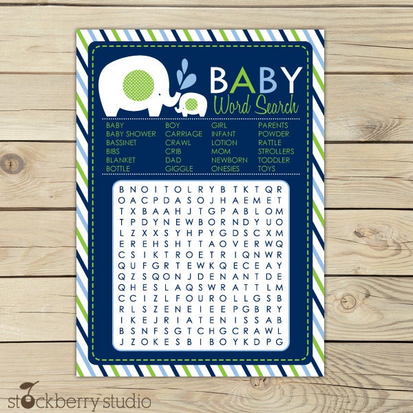 Elephant Baby Shower Blue Printable Word Search Game - Instant Download Il_170x135