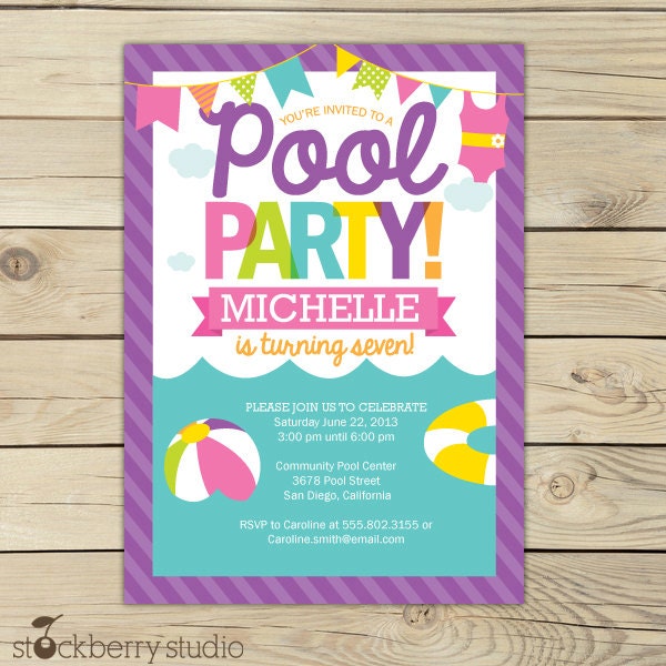 Girl Pool Party Birthday Printable Party Invitation 5x7 Hot Pink, Yellow, Orange, Aqua Blue, Purple Il_170x135