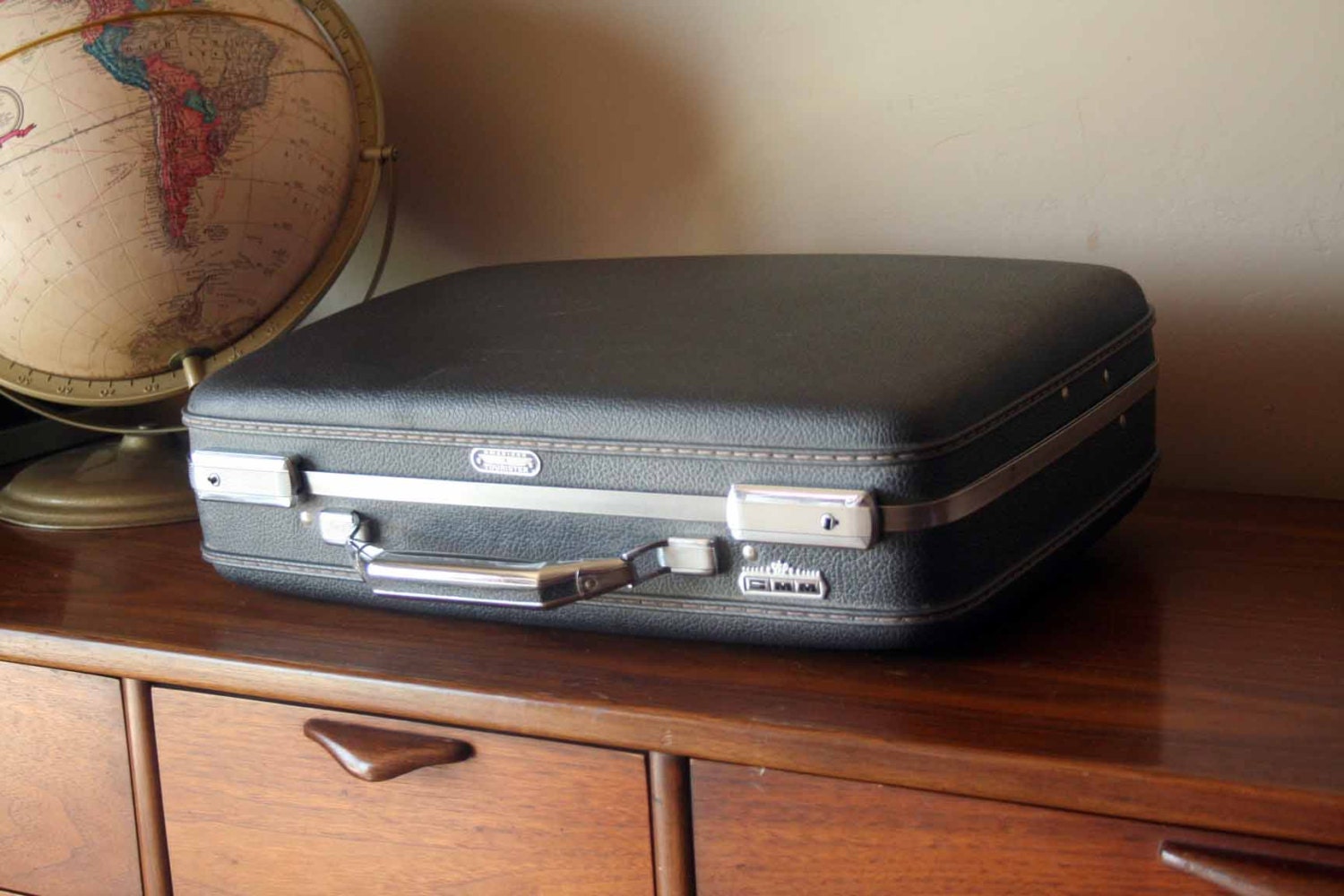 Vintage Hard Shell Suitcase - Charcoal Exterior and Red Interior - American Tourister Luggage - Monogrammed