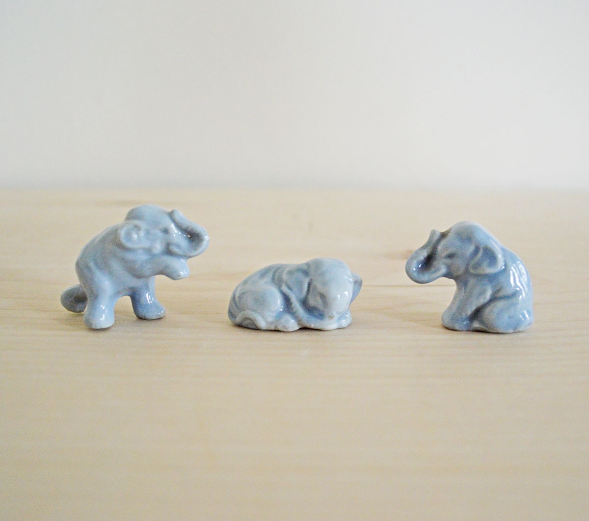Three Vintage Ceramic Elephant Figurines Miniature Blue Made in Japan Good Luck Quirky Home Decor Instant Collection Grey