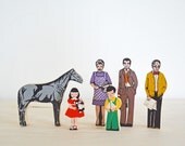 Six Vintage Wood Figurines Farm Family and Horse Country Cottage Red Green Kids Toys Colorful Quirky Home Decor