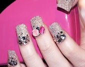 Japanese 3D Nail Art, False Nails - Beautiful Silver Glitter Nail Tips with Rhinestones (T077N)