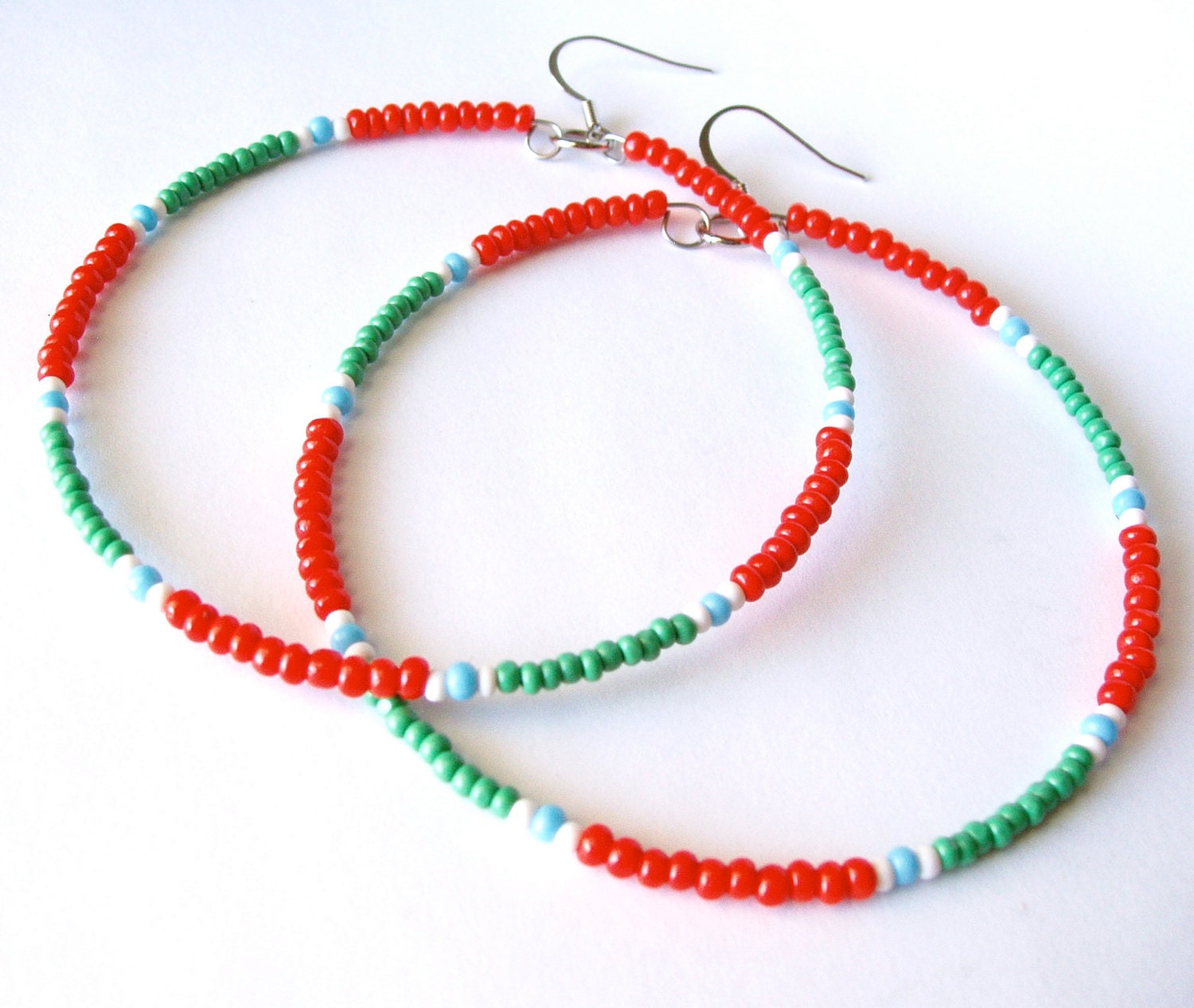 African & Tribal Inspired Large Beaded Hoops - Red, Green with White and Turquoise accents