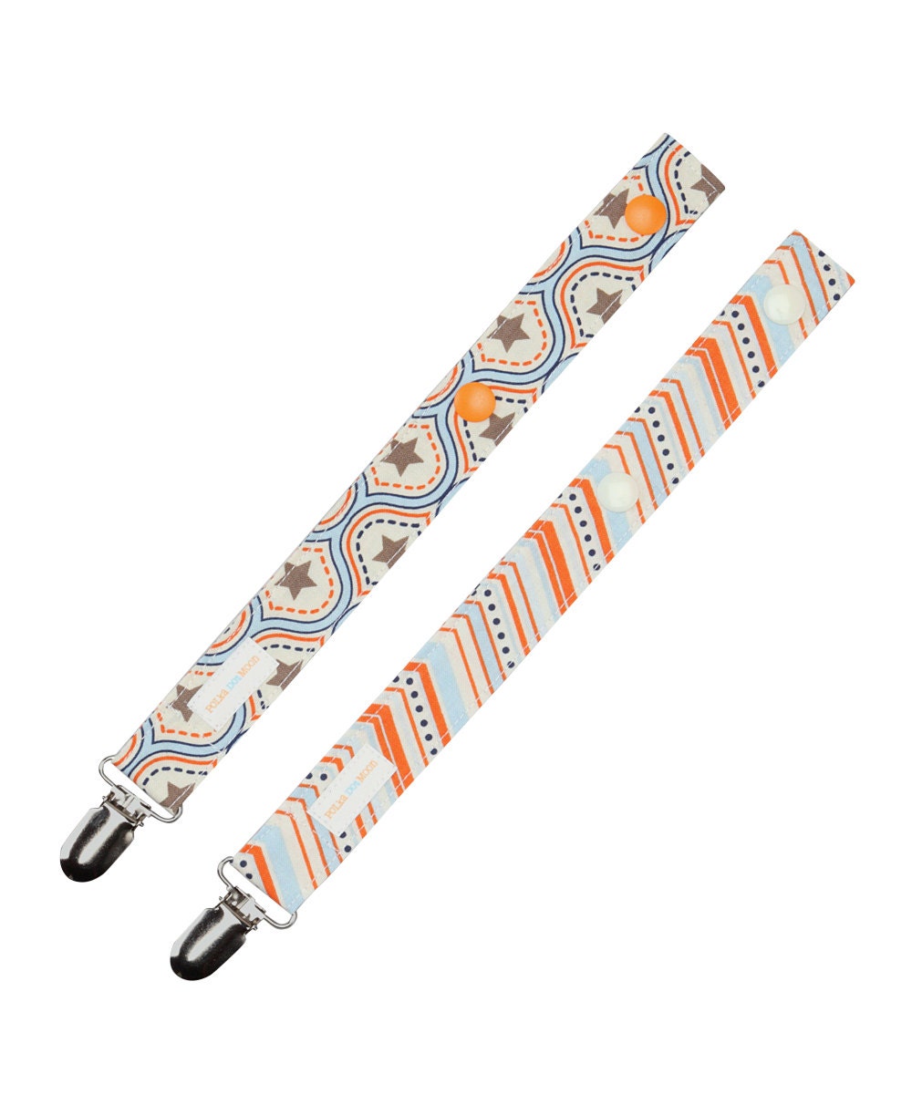 Baby Boy Pacifier Clip Set of 2 in Orange and Blue Stars  & ZigZag - Cute Baby Gift