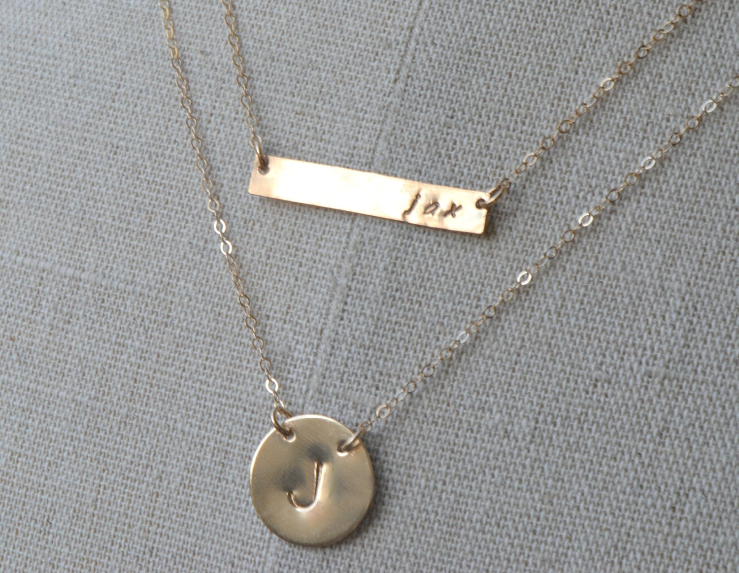 Personalized Gold Bar Necklace and Initial Disc Necklace, Nameplate Necklace, Initial Personalized Jewelry, 14k Gold Fill Sterling Silver